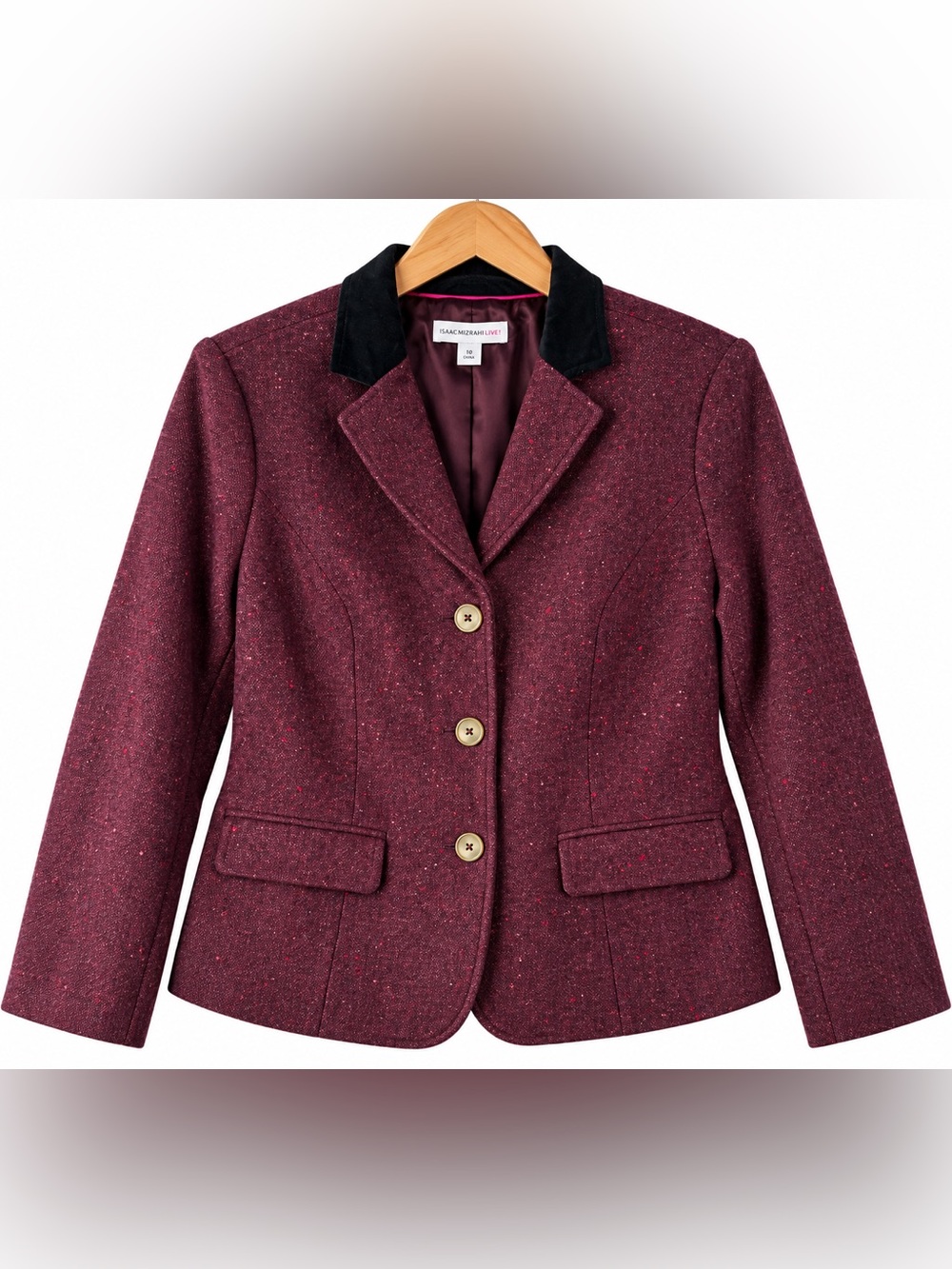Isaac Mizrahi Tweed Blazer Size 10 Burgundy Velvet Collar Preppy Academia Chic